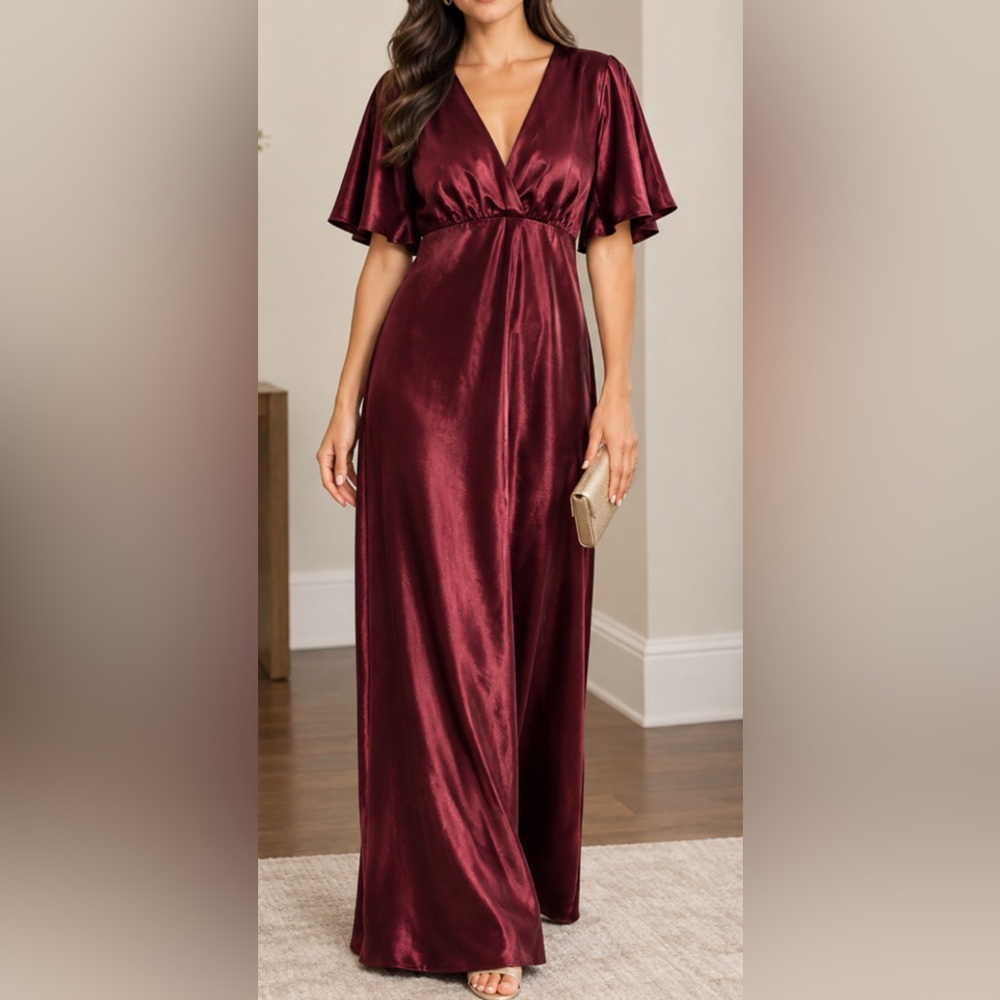 Birdy Grey  Satin V-Neck Maxi Dress in Burgundy XL